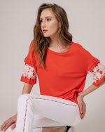 T-shirt  mezza manica con volants e frappine arancio Donatella de Paoli