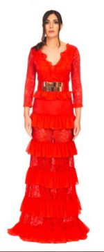 Abito lungo balze rosso Kuea